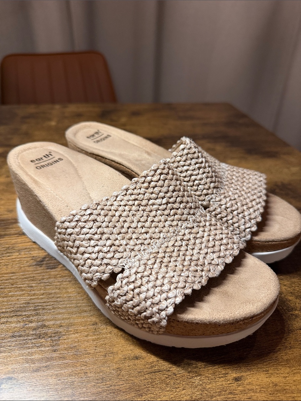 Earth Origins Tan Woven Slip-On Wedge Mules